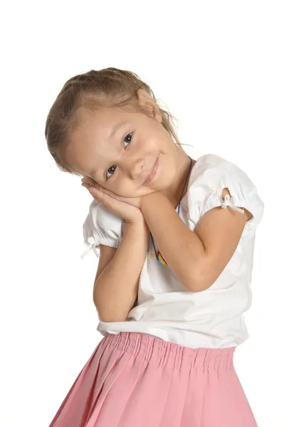 Porträt eines emotionalen kleinen Mädchens auf weißem Hintergrund — Stockfoto