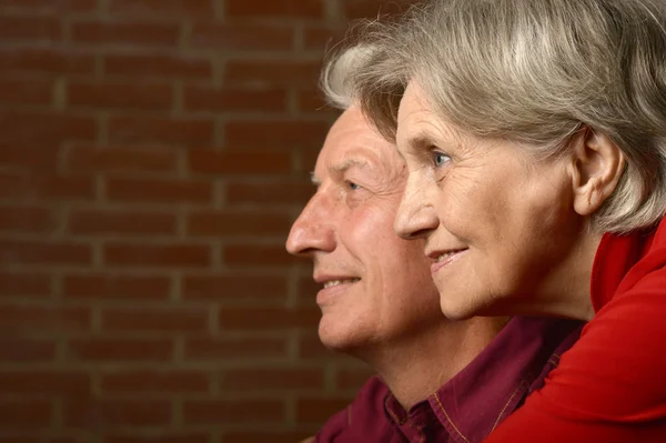 Elderly couple in red on a background of a brick — Stock Photo, Image