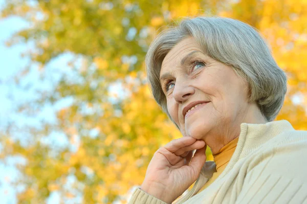 Mujer mayor reflexiva en otoño — Foto de Stock