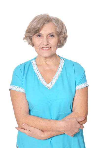 Elderly woman on white background — Stock Photo, Image