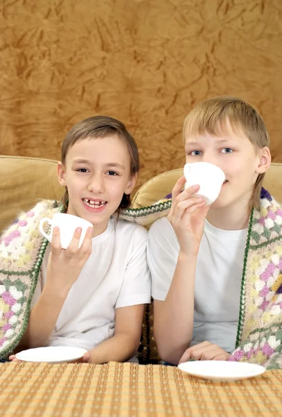 Fröhliche Jungen, die Tee trinken — Stockfoto