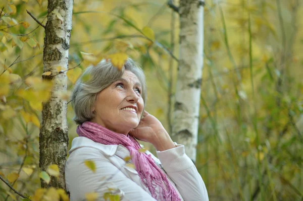 Huş ağacı ormanda yaşlı kadın — Stok fotoğraf