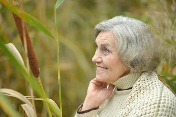 Sorridente donna anziana in autunno — Foto Stock