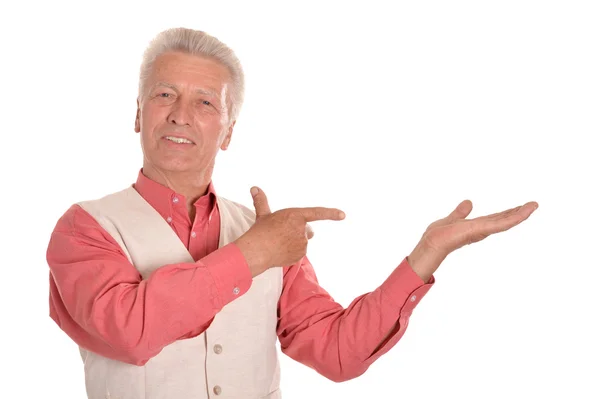 Yaşlı adam ponting parmak ile — Stok fotoğraf