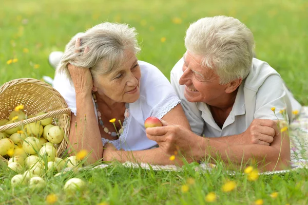 Happy elder couple resting on grass at nature — Stock Photo, Image