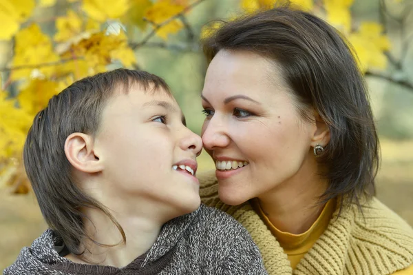 Hermosa madre con un niño en un paseo durante la caída de las hojas en el parque —  Fotos de Stock