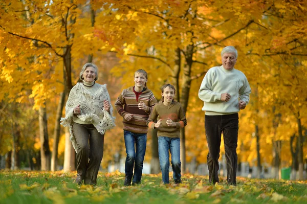 Hombre y mujer mayores corriendo con sus nietos al aire libre — Foto de Stock