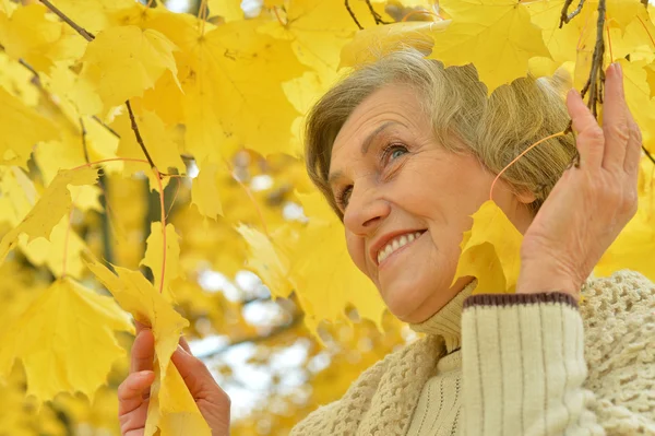 Porträt einer lächelnden Seniorin im Herbstpark — Stockfoto