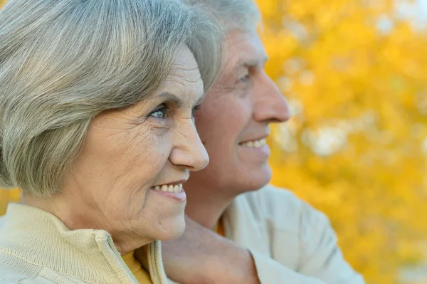 Gelukkig bejaarde echtpaar op aard op Bladeren achtergrond — Stockfoto