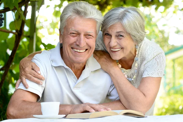 Elderly couple sitting at table — Stock Photo, Image