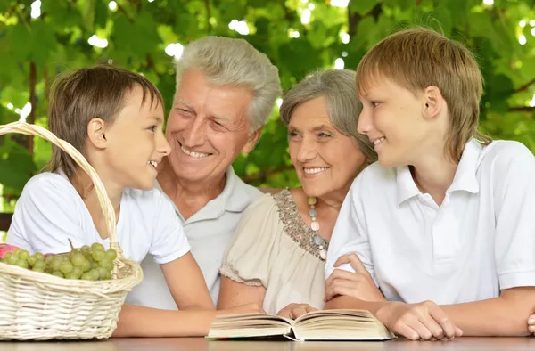 Бабушка и дедушка с внуками читают книгу — стоковое фото