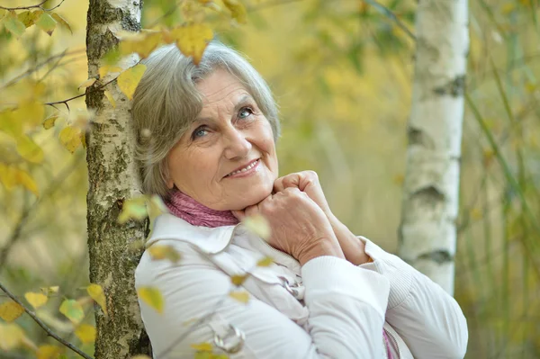 Retrato de mulher idosa feliz no parque — Fotografia de Stock