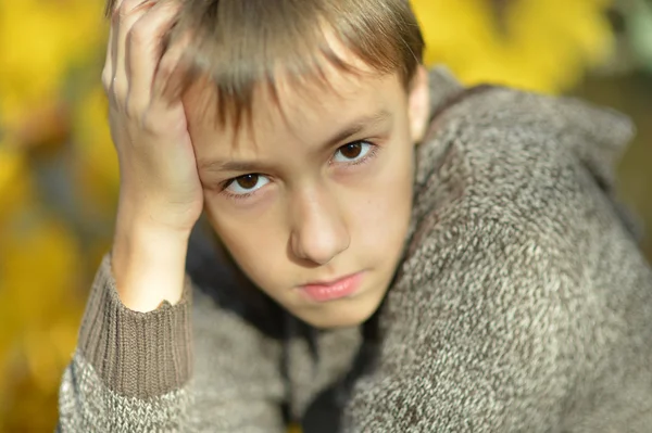 Retrato de um menino triste ao ar livre no outono — Fotografia de Stock