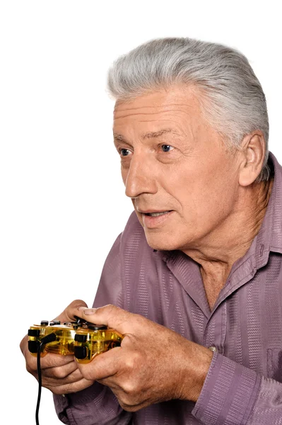 Senior Man Plays Video Game — Stock Photo, Image