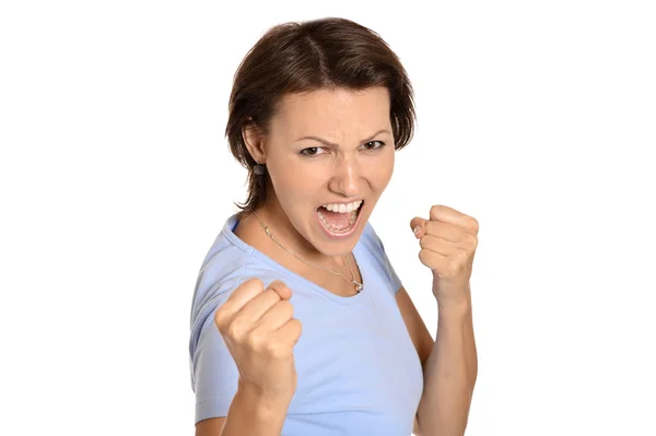 Woman fighting on white background — Stock Photo, Image