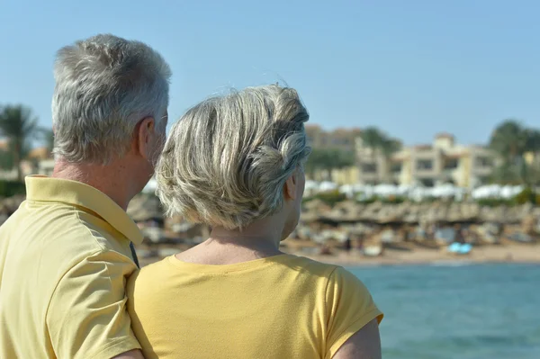 Underhållande äldre par på en strand — Stockfoto