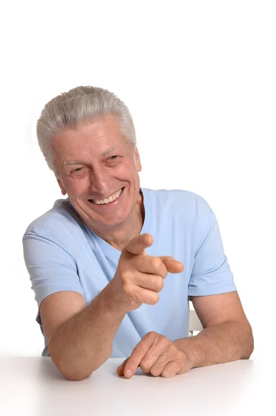 Homem idoso ponting com os dedos — Fotografia de Stock