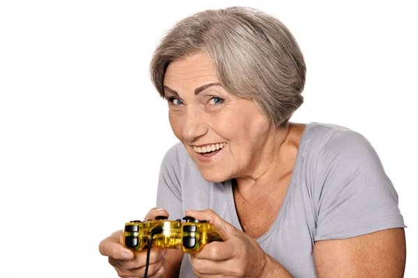 Senior mulher jogar videogame — Fotografia de Stock