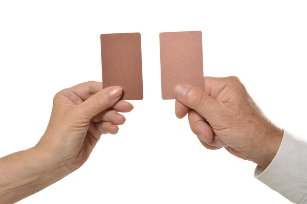 Two hands holding empty blank cards — Stock Photo, Image