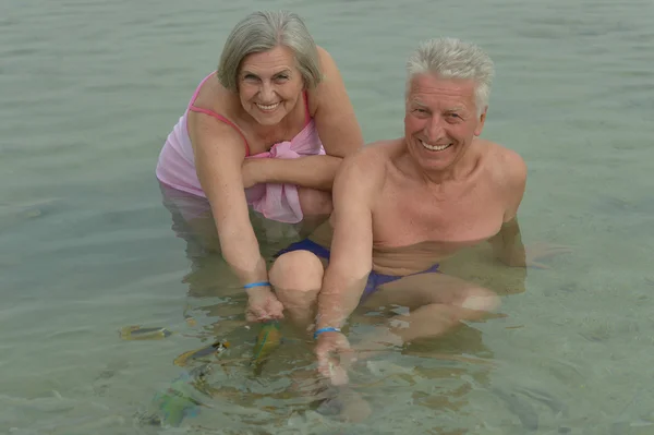 Älteres Ehepaar füttert Fische — Stockfoto