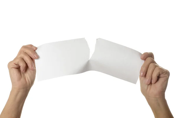 Ruce, trhání papíru list — Stock fotografie