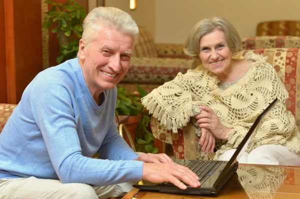 Äldre par med laptop — Stockfoto