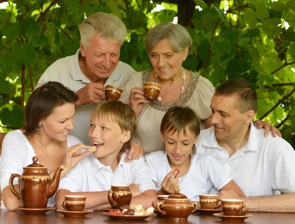 Familj dricka te utomhus — Stockfoto