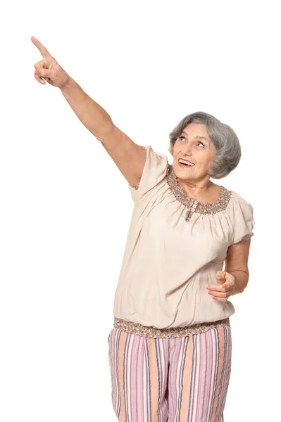 Starsza kobieta wskazując — Zdjęcie stockowe