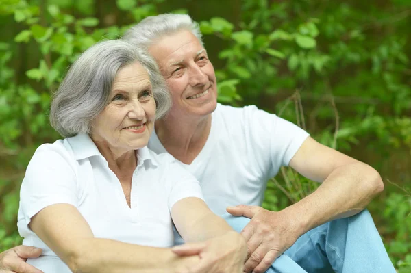 Seniorenpaar sitzt im Wald — Stockfoto