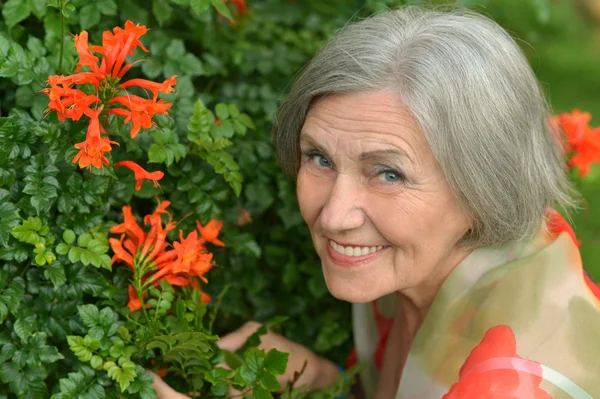 Äldre kvinna med blommor — Stockfoto