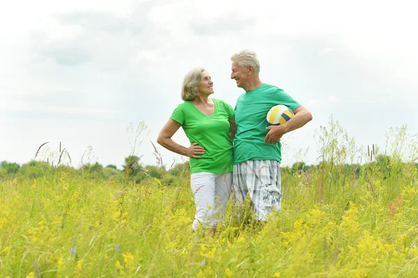 Senior couple in  field with ball — Stock Photo, Image