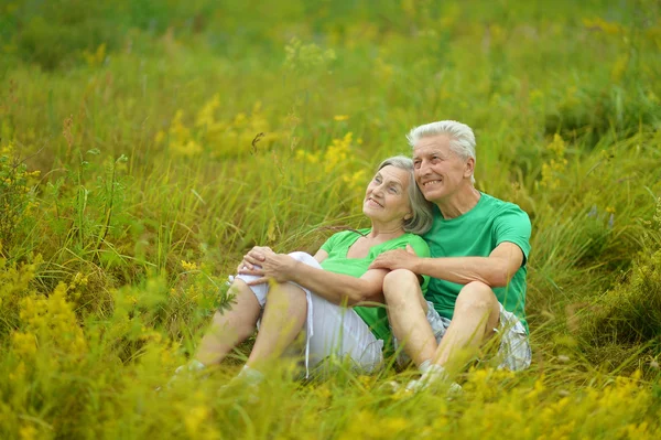 Happy senior couple in summer field — Stock Photo, Image
