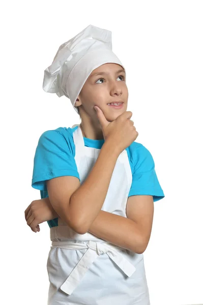 Pequeno menino da cozinha pensa — Fotografia de Stock