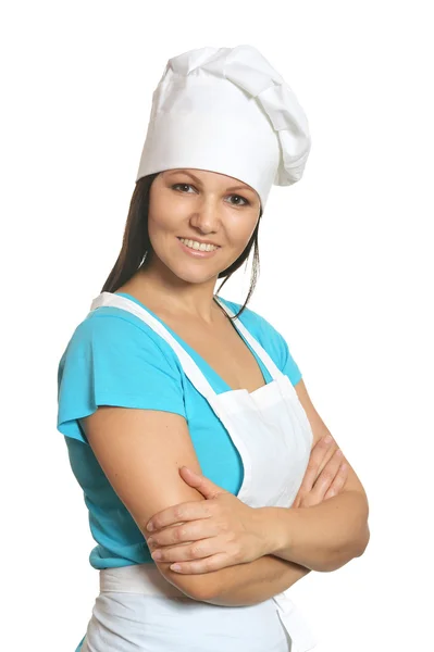 Mulher sorridente em uniforme de chef — Fotografia de Stock