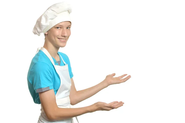 Kitchen boy shows something — Stock Photo, Image