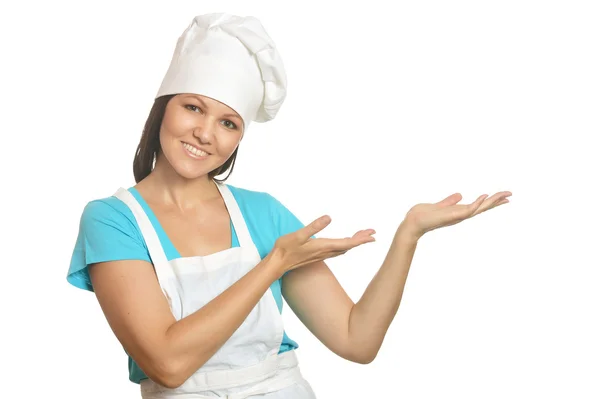 Chef mujer apuntando al espacio de copia —  Fotos de Stock