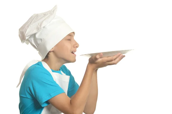 Keuken jongen met plaat — Stockfoto