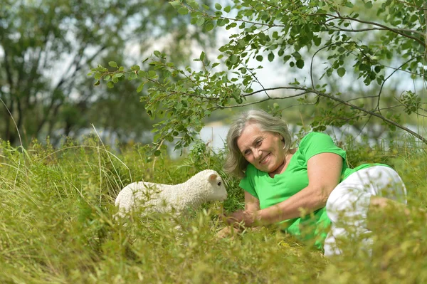 Mulher sênior no campo com ovelhas de brinquedo — Fotografia de Stock