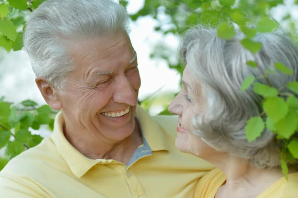 Συνταξιούχο ζευγάρι χαμογελώντας σε εξωτερικούς χώρους — Φωτογραφία Αρχείου