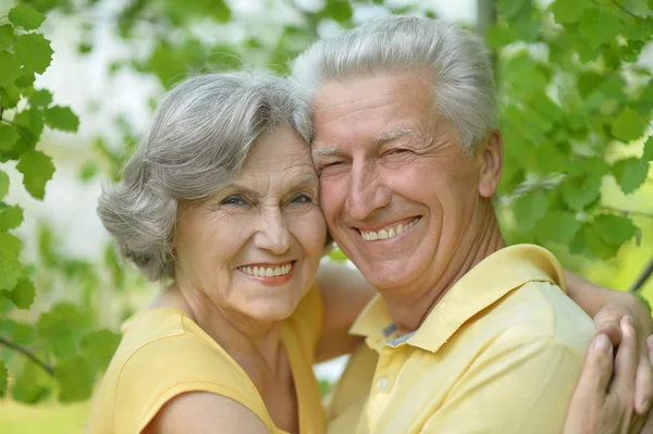 Пара пенсионеров обнимается на открытом воздухе — стоковое фото