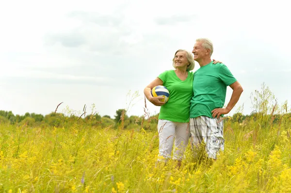 Couple sénior en champ d'été avec ballon — Photo