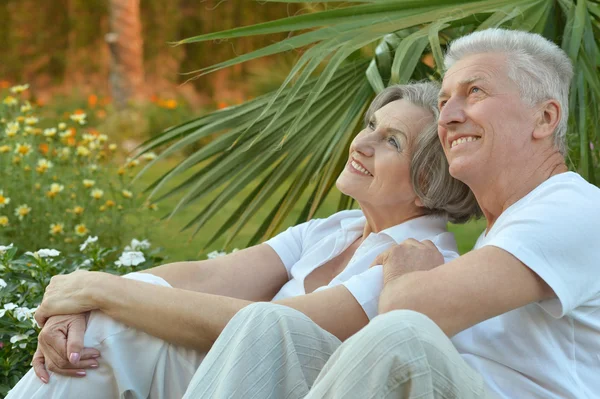 Seniorenpaar sitzt auf Gras — Stockfoto