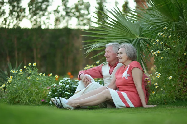 Зрелая пара, сидящая на траве — стоковое фото