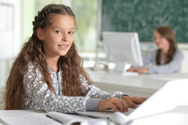 Ragazza Felice Che Studia Con Computer Portatile Classe — Foto Stock