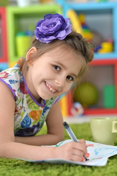 Cute Happy Girl Drawing Picture Home — Stock Photo, Image
