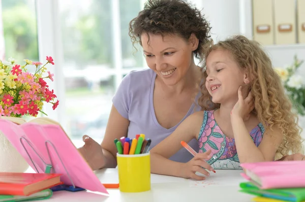 Little Cute Girl Doing Home Work Mother Table Home — Stock Photo, Image