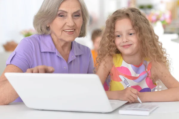 Retrato Abuela Feliz Nieta Usando Ordenador Portátil — Foto de Stock