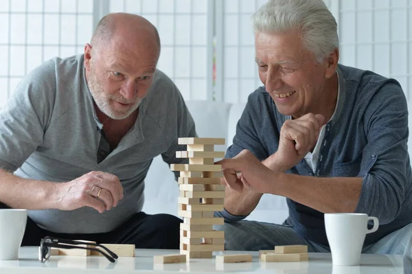 Zwei Ältere Männer Sitzen Tisch Und Spielen Mit Holzklötzen — Stockfoto