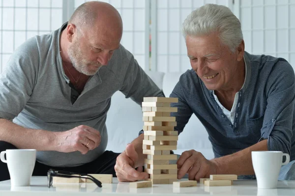 Twee Oudere Mannen Zitten Aan Tafel Spelen Met Houten Blokken — Stockfoto