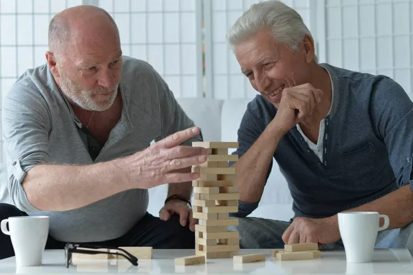 Twee Oudere Mannen Zitten Aan Tafel Spelen Met Houten Blokken — Stockfoto